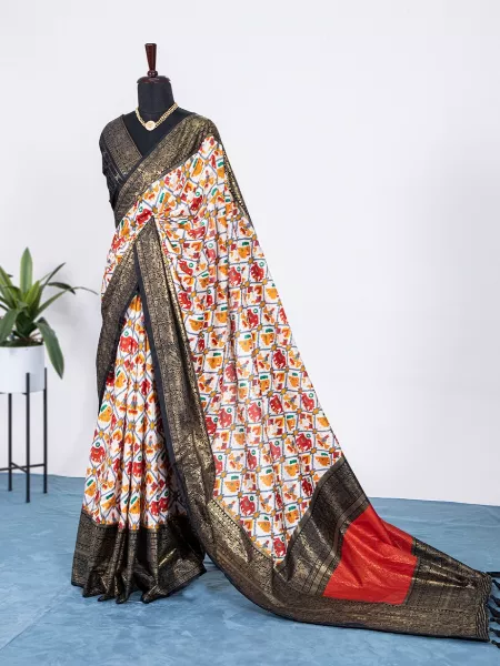 Patola Saree in Black Dola Silk Fabric With Geometric Design and Foil Work