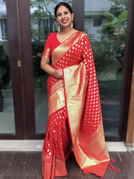 Red with Gold Banarasi Soft Silk Saree Enriched With Weaving Zari Work