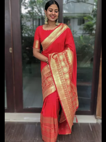 Red Banarasi Soft Silk Saree Enriched With Weaving Zari Work