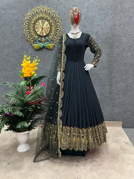 Black Color Georgette Gown With Heavy Sequence Embroidery Work and Dupatta
