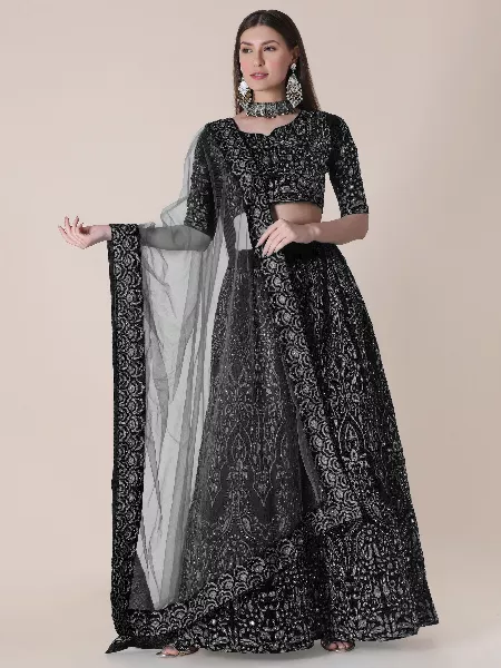 Embroidered Taffeta Silk Lehenga in Black With Resham Zari and Stone Work