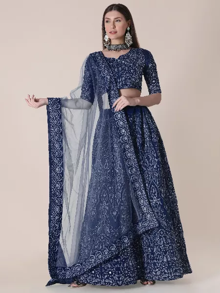 Embroidered Taffeta Silk Lehenga in Blue With Resham Zari and Stone Work