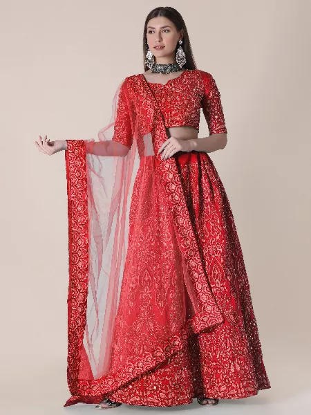 Embroidered Taffeta Silk Lehenga in Red With Resham Zari and Stone Work