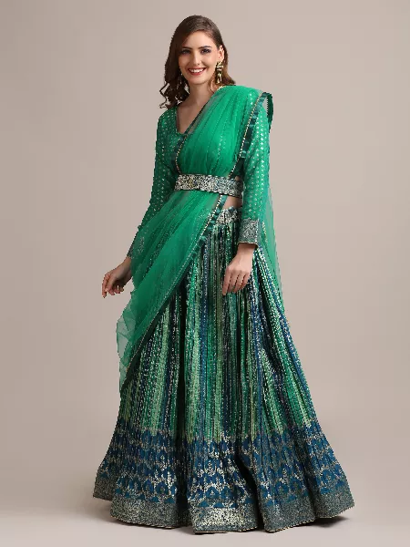 Rama Color Woven Art Silk Jacquard Lehenga Choli for Bridal Indian Wedding Lehenga Choli