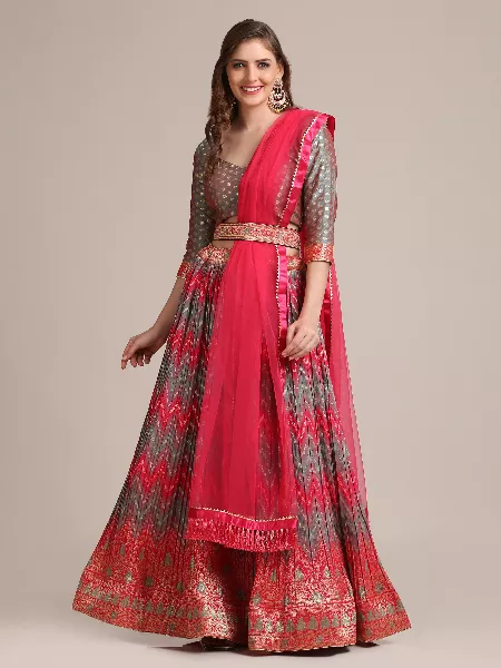 Pink and Grey Woven Art Silk Jacquard Lehenga Choli for Bridal Indian Wedding Lehenga Choli
