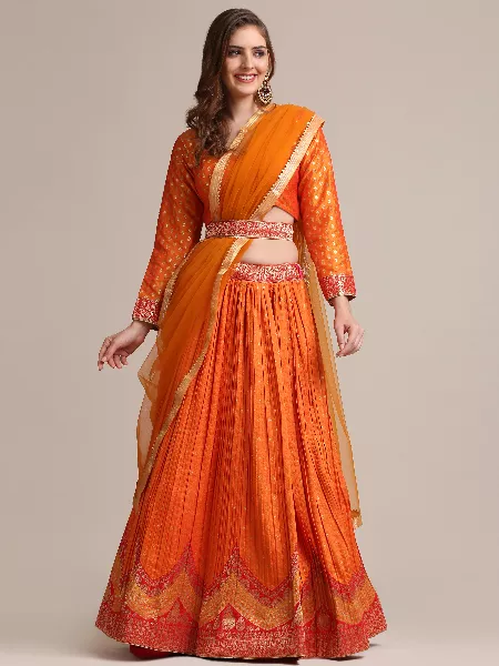 Orange Color Woven Art Silk Jacquard Lehenga Choli with Dupatta Indian Wedding Lehenga Choli