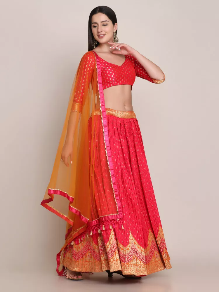 Buy Shades Of Pink and Orange Multi Kali Lehenga with Orange Organza Blouse  and Butties by SVA BY SONAM & PARAS MODI at Ogaan Online Shopping Site