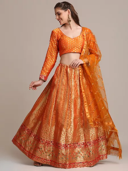 Orange Color Woven Art Silk Jacquard Lehenga Choli with Net Dupatta Indian Wedding Lehenga Choli