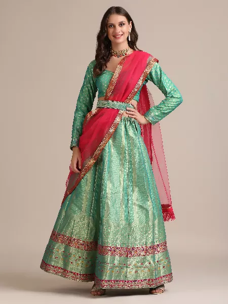 Sea Green Color Woven Art Silk Jacquard Lehenga Choli with Net Dupatta Indian Wedding Lehenga Choli