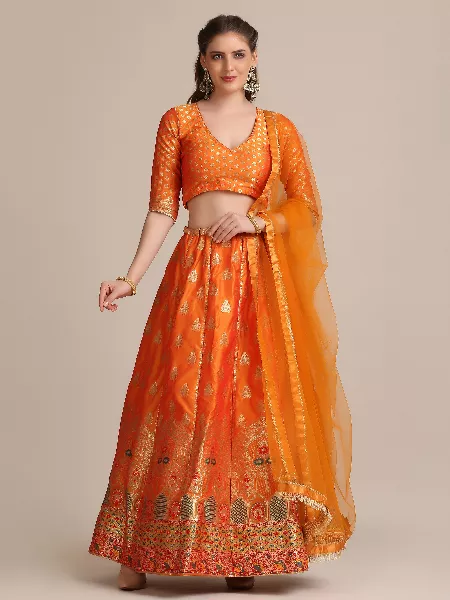 Orange Color Woven Art Silk Jacquard Lehenga Choli with Net Dupatta Indian Bridal Lehenga Choli