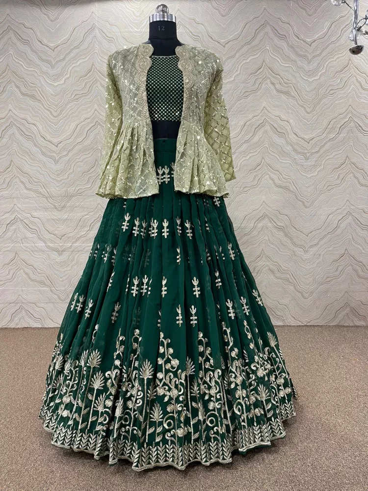 Foil Printed Green Muslin Crop Top Palazzo Set with Shrug