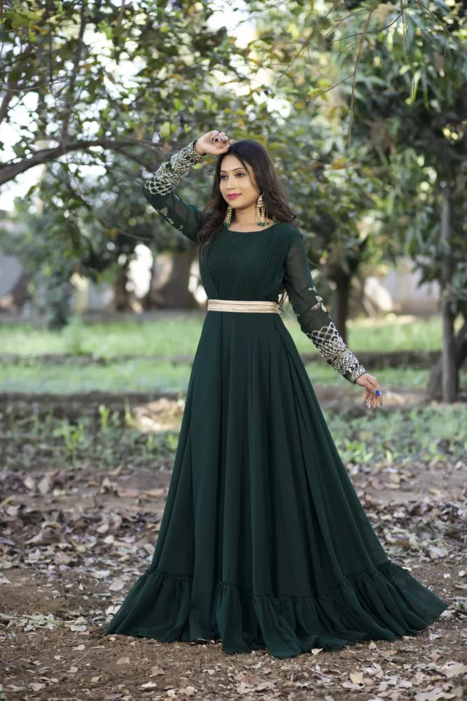 Green Color Fancy Neck Pattern Gown With Long Sleeves and Embroidery Work  and Waist Belt in USA, UK, Malaysia, South Africa, Dubai, Singapore