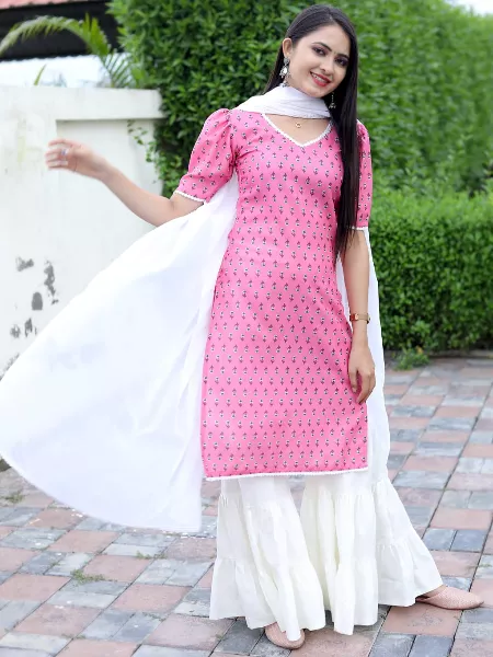 Light Pink Color Magic Cotton Kurti Sharara Set With Dupatta and Digital Print