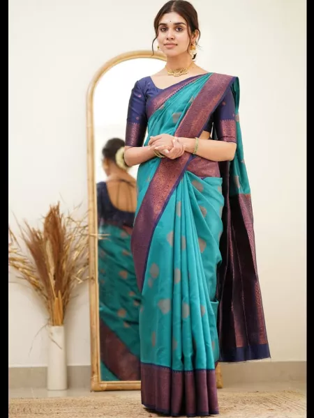 Designer Firozi Color Soft Silk Saree With Dark Blue Border and Blouse South Indian Saree