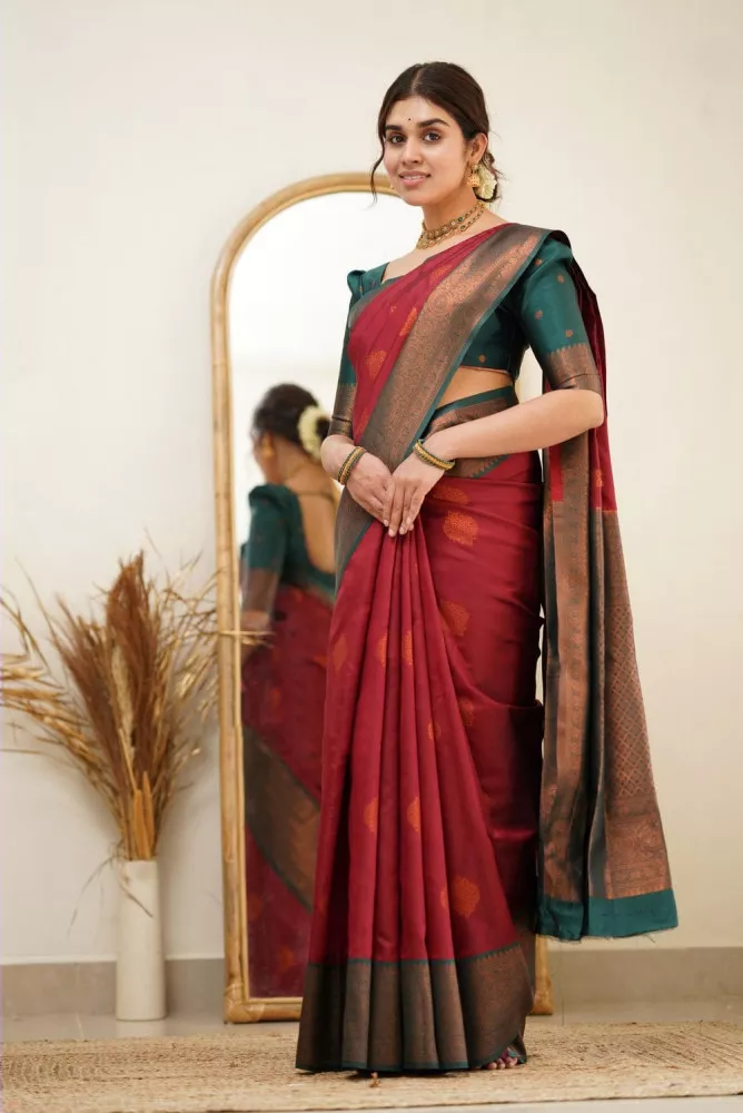 Green and Maroon Combination With Copper Zari weaving Kanjivaram Soft –  Sareeko