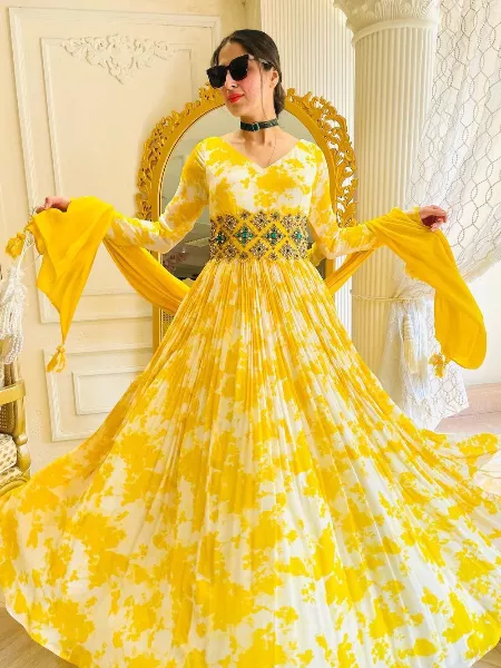 Haldi Gown in Georgette With Digital Print Bollywood Haldi Ceremony Gown