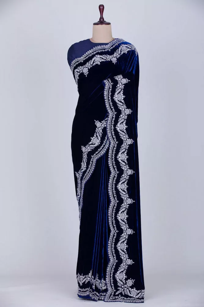 Buy Gorgeous Designer Navy Blue Velvet Silk Saree With Beautiful Lace Work  Blouse for Partywear Saree for Girls and Womens Fashion Online in India -  Etsy