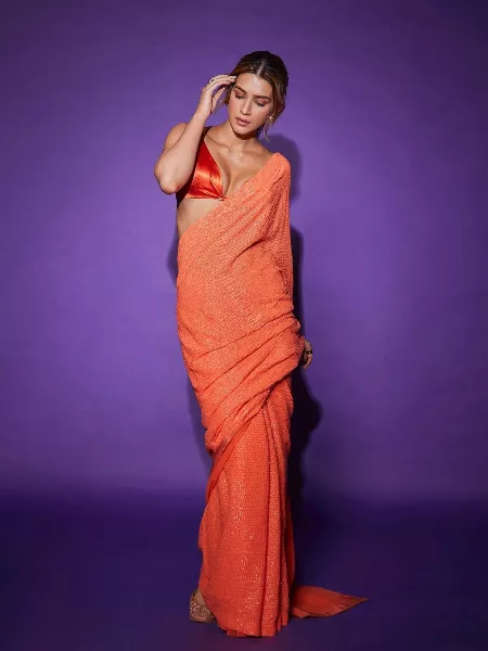 Kriti Sanon Saree Party Wear Bollywood Saree in Orange Color With Sequence Work