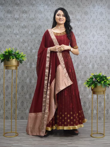 Maroon Color Georgette Gown for Function Wear With Designer Dupatta