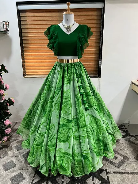 Green Color Georgette Lehenga Choli With Digital Print and Readymade Blouse