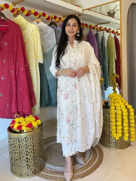 Prominent Chanderi Off White Fancy Designer Suit -