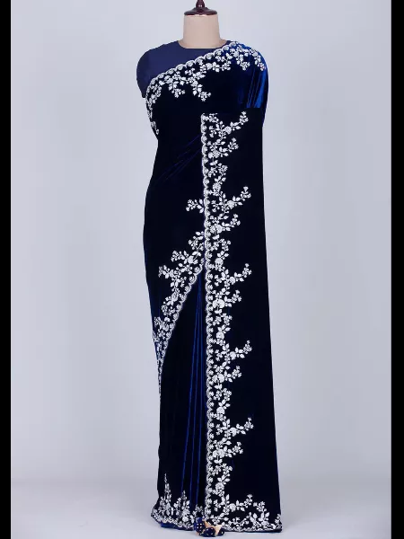 Winter Wedding Wear Blue Velvet Saree With Cording Sequence Embroidery Work