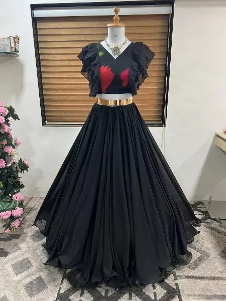 Black Color Soft Net Floral Embroidery Lehenga - Rent