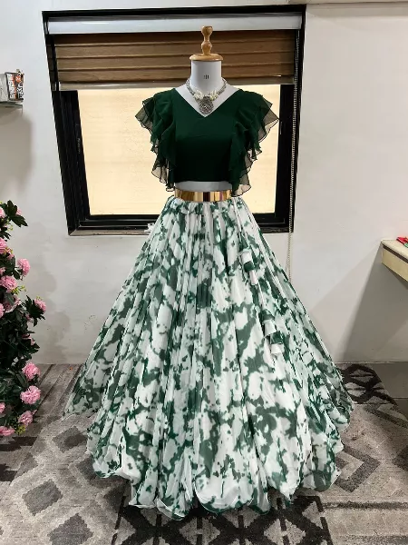 Designer Green Color Georgette Lehenga Choli With Digital Print and Readymade Blouse