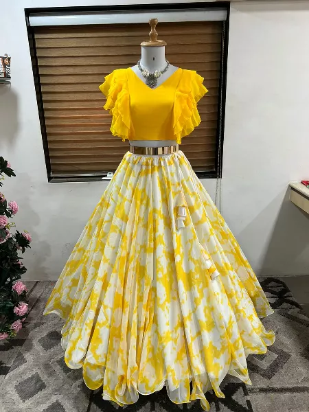 Designer Yellow Color Georgette Lehenga Choli With Digital Print and Readymade Blouse
