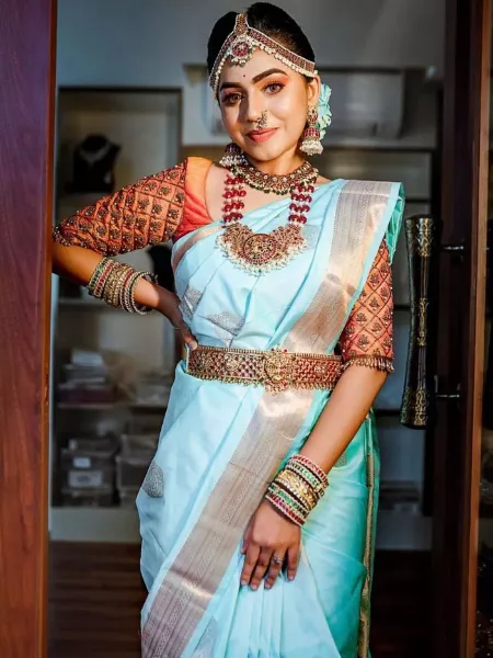 Sky Blue Color Indian Wedding Saree