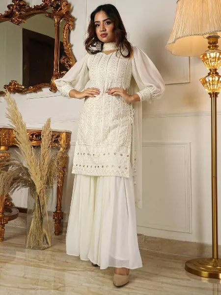 Lukhnowi Kurta Set With Embroidery Sequence Work Sharara and Dupatta Set Ready to Wear