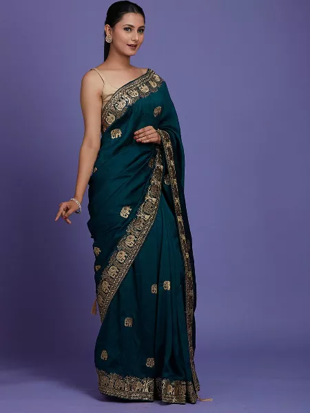Rama Color Vichitra Silk Saree With Embroidery Work Bridesmaid Saree With Blouse