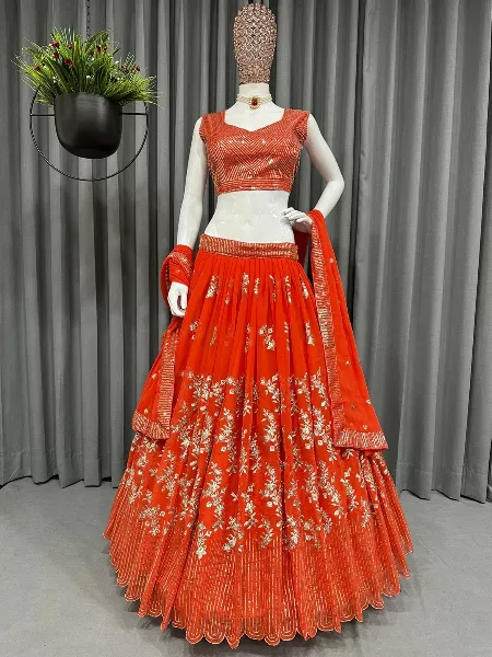 Orange Color Georgette Lehenga Choli With Heavy Sequence Embroidery Work