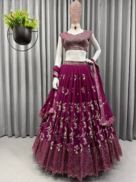 Wine Color Georgette Lehenga Choli With Heavy Sequence Embroidery Work