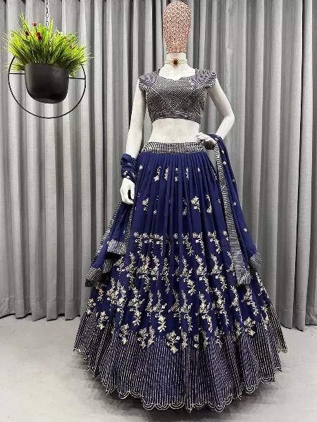 Blue Color Georgette Lehenga Choli With Heavy Sequence Embroidery Work