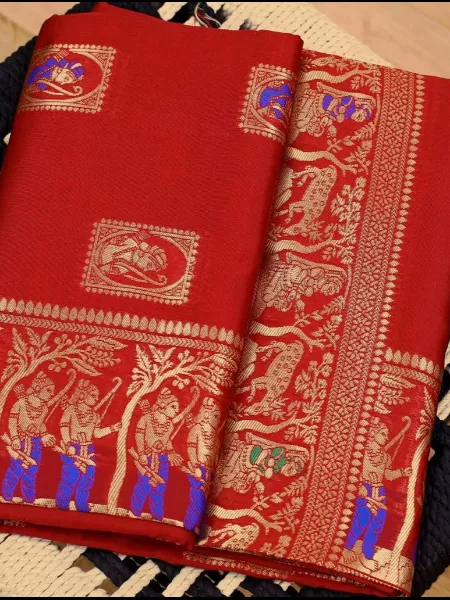 Ramayan Saree in Red Soft Lichi Silk Saree With Ram Sita and Laxman Zari Weaving