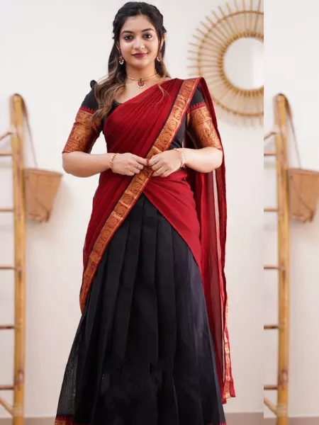 Designer Made Black Lehenga Saree with Red Pallu | Lehenga style saree, Lehenga  saree, Indian bridal wear