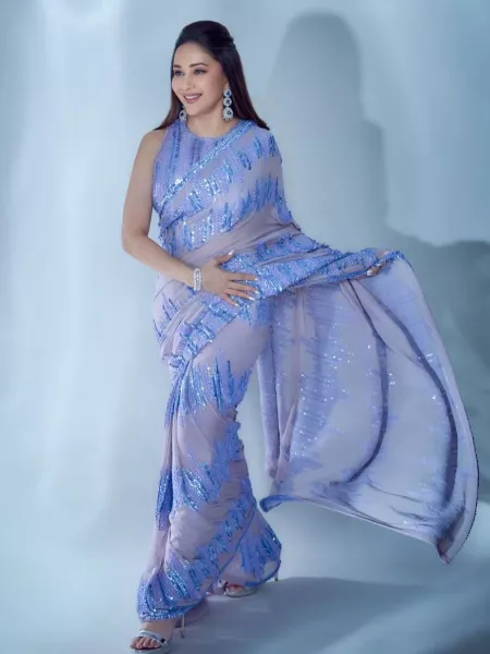 Madhuri Dixit Saree in Georgette Lavender Party Wear Sequence Saree