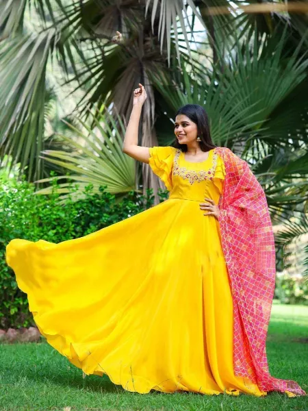 Yellow Color Soft Silk Gown for Haldi Ceremony Indian Wedding Wear Gown