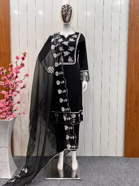 Black Heavy Pure Maska Cotton Silk Suit With Pant and Dupatta