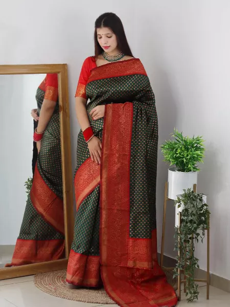 Dark Green Saree With Red Border in Lichi Silk With Copper Weaving Traditional Indian Wedding Gift Sari