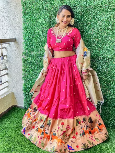 Rani Pink Paithani Lehenga Choli With Weaving Work and Jacquard Silk With Dupatta