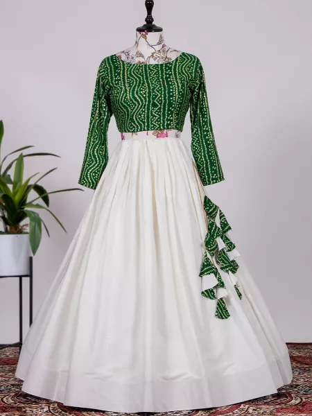 Wedding Garba Night Lehenga Choli With Green Readymade Choli and White Lehenga Ready to Wear Lehenga Choli
