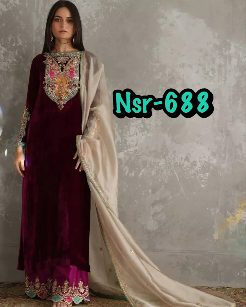 Wine Designer Trending Sequence Embroidery Work Suit Pent and Dupatta in  USA, UK, Malaysia, South Africa, Dubai, Singapore