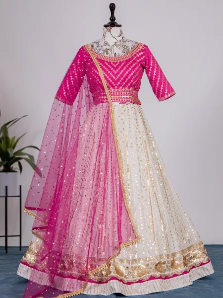 White Color Sequence Embroidery Work Georgette Lehenga Choli with Pink Blouse for Wedding Sangeet Ceremony 