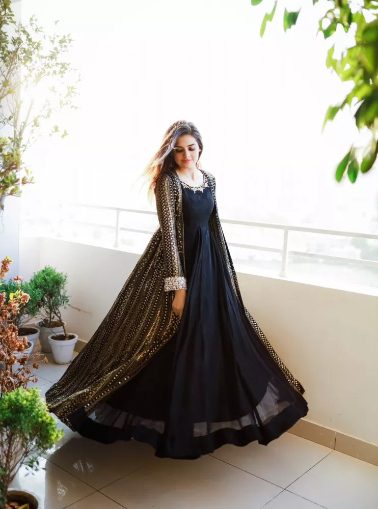 Marvelous Black Georgette Foil Mirror Event Wear Long Anarkali Gown