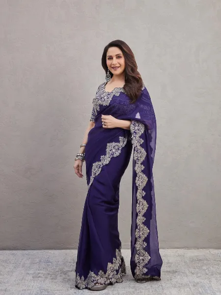 Madhuri Dixit Blue Color Saree in Georgette Cording Embroidery Work Bollywood Saree