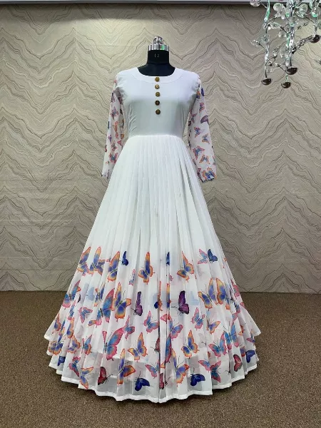 Beautiful Women Traditional Gown in White Georgette Fabric With Digital Print