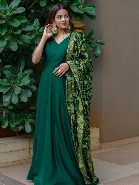 Green Color Chinon Party Wear Gown Ready to Wear Gown With 2 Dupatta