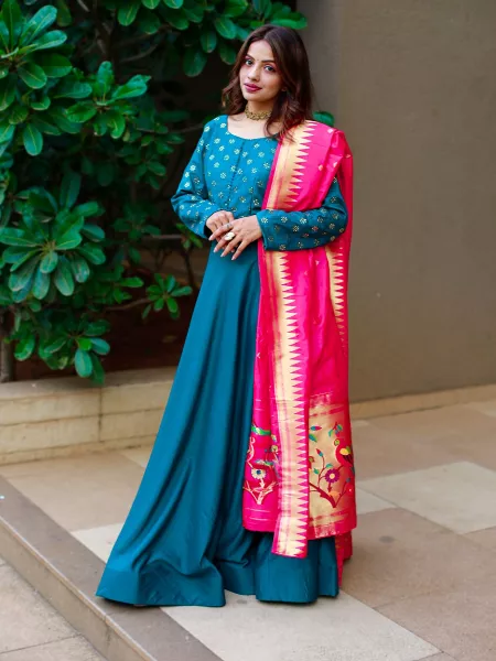 Teal Color Chinon Party Wear Gown Ready to Wear Gown With 2 Dupatta
